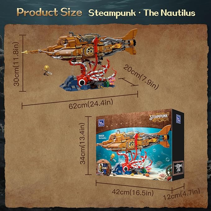 PANTASY Steampunk Nautilus Submarine Building Set, Modular 3-Section Design with Gear-Linked Propeller, Mini Boat & Undersea Adventure Scene, Retro Mechanical Collectible Model Kit for Adults