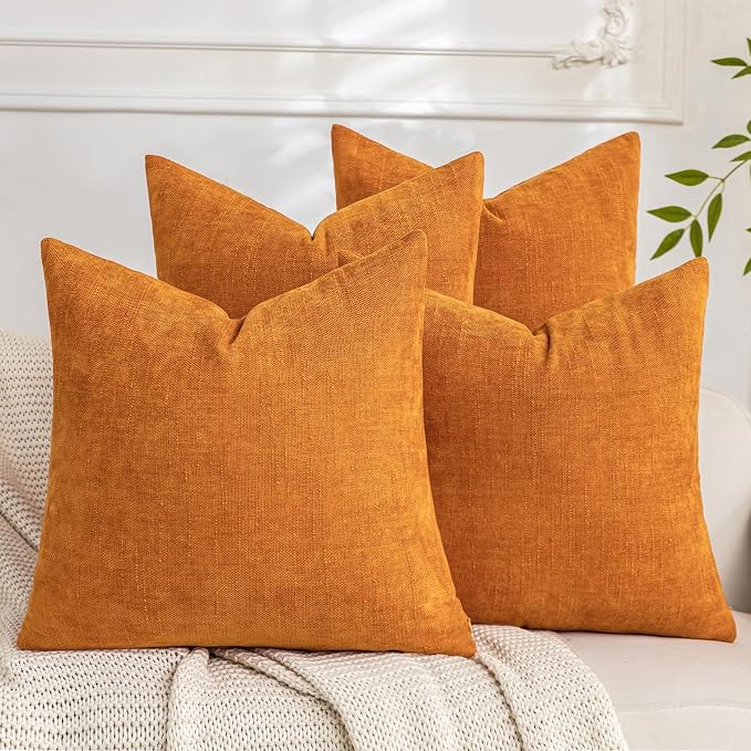 Set of 4 Soft Textured Decorative Throw Pillow Covers 18x18 Inch Cozy Farmhouse Cushion Cover Square Accent Pillow Cases for Bed Couch Sofa Living Room, Orange