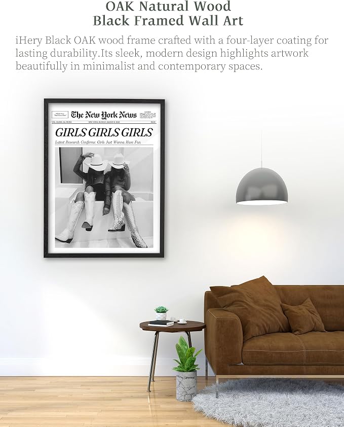 iHery 16x20in Girls Just Wanna Have Fun Framed Newspaper Wall Art | Premium Black Natural OAK Wood Frame with Canvas Print, Western Cowgirl Decor for Bedroom, Dorm Bar Cart, 1Pack