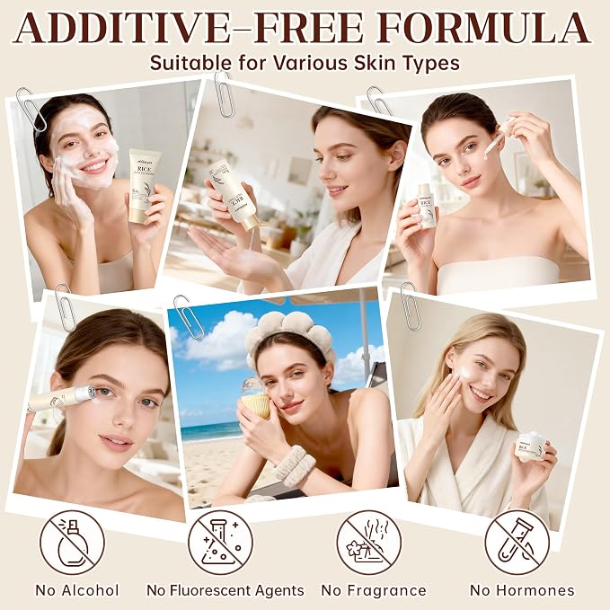 11PCS Rice Skincare Set, Korean Skin Care Set for Women Teens Girls, Rice Cleanser Toner Dual Serum Face Cream Eye Cream Sunscreen with Ice Roller Headband Wristband, Hydrating Daily Face Care Kit