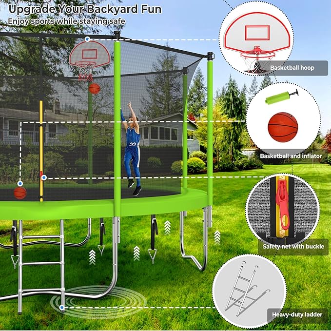 Lyromix Upgraded 16FT 15FT 14FT 12FT 10FT 8FT Trampoline Outdoor with Basketball Hoop and Net, Capacity for 4-6 Kids and Adults