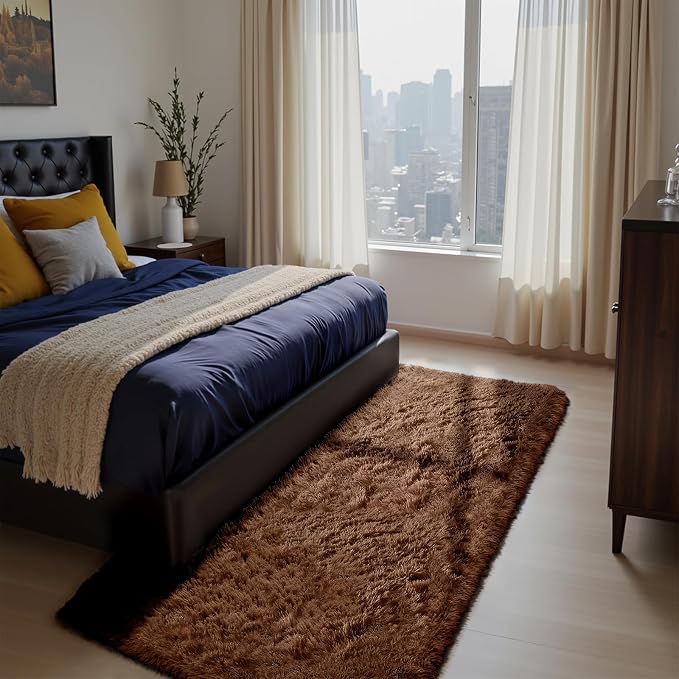 Fluffy Rug Shag Area Rug, Brown 3x5 Area Rugs for Bedroom, Small Bedside Rug, Soft Fluffy Shag Entryway Throw Rugs for Living Room Bedroom Room Home Decor