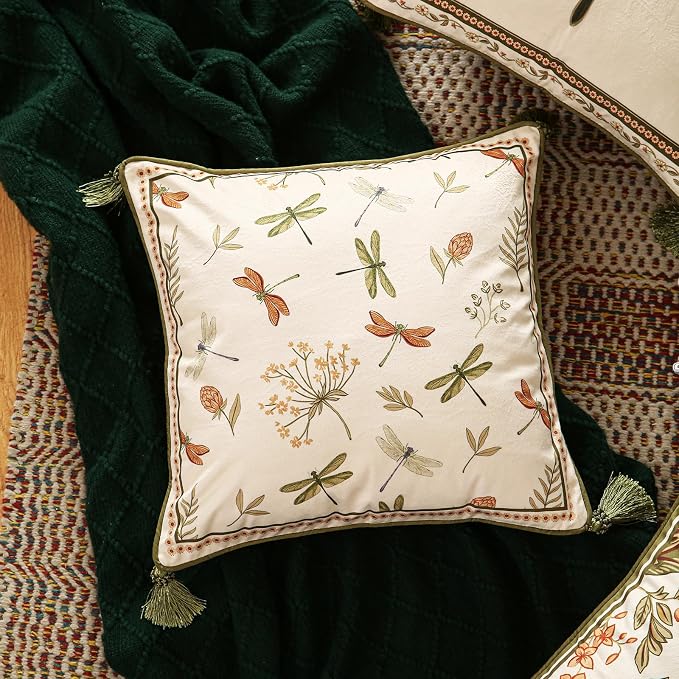 Designer Vintage Velvet Throw Pillow Cover,18"x18"-Grace B | Pillow Cover,Concealed Zipper Design,Dragonfly Pattern,Sofas,Bedroom,Living Room,Lounge Chairs,All Season Home Decor