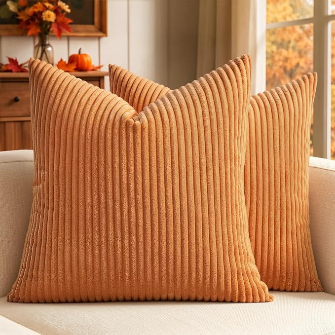 MIULEE Fall Soft Corduroy Throw Pillow Covers Set of 2 16x16 Burnt Orange | Decorative Striped Textured Cushion Cases, Boho Rustic Square Pillowcases, Home Decor for Couch Chair Sofa Bed Living Room