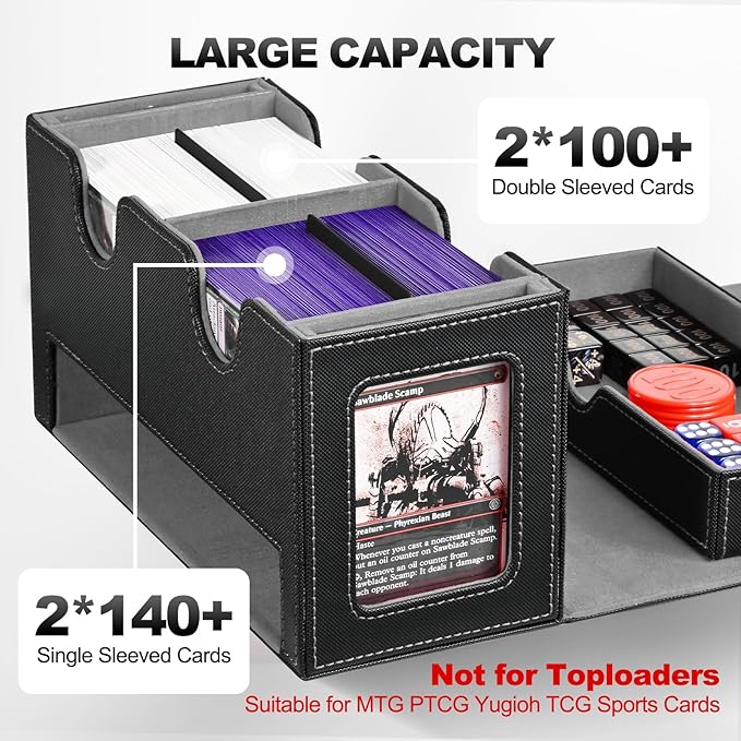 UAONO Card Deck Box for MTG, Double Storage Box with 2 Commander Display & 1 Dice Tray, Fits 200+ Double Sleeved, Organizer for CCG TCG Sports(Black Gray)