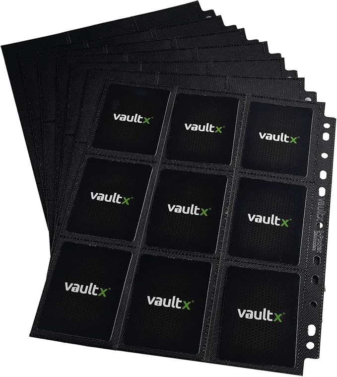 Vault X 9 Pocket Sideloading Pages for 3 Ring Binder (50 Pack) 900 Cards, Double-Sided A4, Storage for Trading Cards (Black)