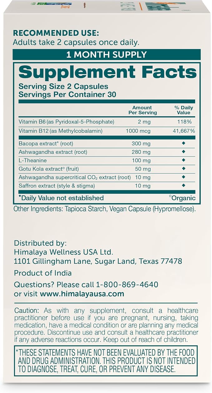 Himalaya Focused Mind Supplement, with Ashwagandha, Bacopa & L-Theanine for Attention, Focus and Energy Support, 60 Vegan Capsules, Gluten Free, 1 Month Supply