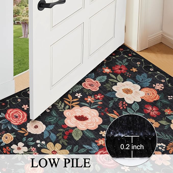 DUKINO 2x6 Runner Rug for Hallway, Washable Runner Rug Non Slip, Black | Low Pile, Soft, Floral Indoor Rug for Kitchen, Entryway, Bedroom, Laundry, Bathroom, Pet Friendly, Lightweight, Home Decor