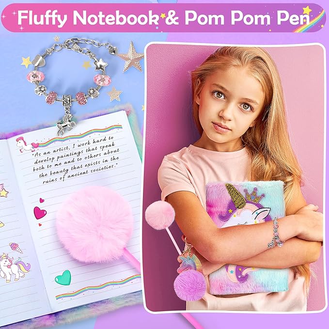Unicorns Gifts for Girls 5 6 7 8 9 10+ Years Old, Kids Toys Set for Teens Girls Birthday Gifts Christmas, Unicorn Toys with Light Up Soft Plush Star Pillow, Diary Notebook, Headband, Water Bottle