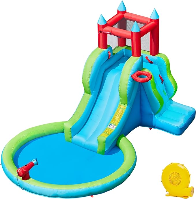 Yaheetech Inflatable Kids Water Slide, 5-in-1 Outdoor Blow Up Slide for Kids Aged 3-8 with Water Cannon, Basketball Hoop, Climbing Wall, Storage Bag & 350W Blower
