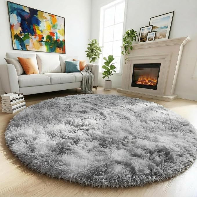 Amdrebio Tie-Dye Light Grey Round Circle Area Rugs 5Ft for Living Room Bedroom, Soft Fluffy Fuzzy Shag Rug for Kids Room Home Office, Furry Plush Indoor Floor Shaggy Gray Carpet for Baby Nursery Dorm