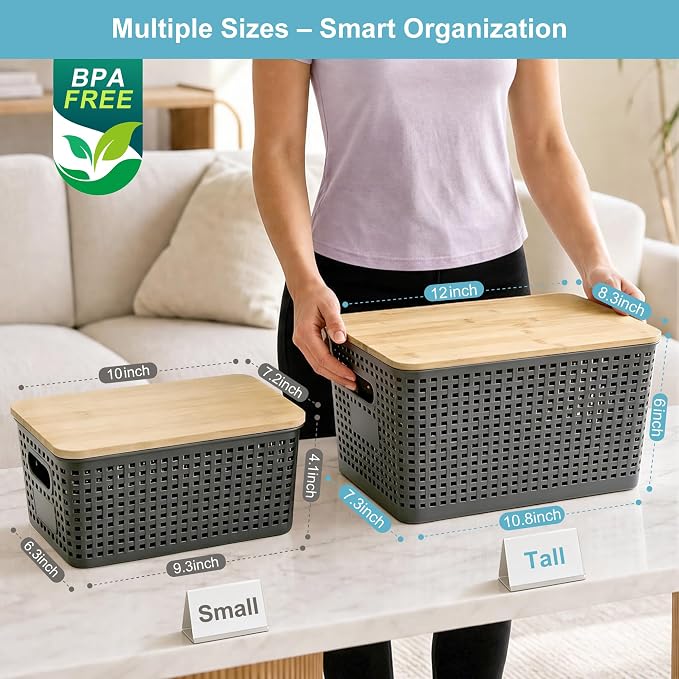 Small Plastic Storage Bins with Bamboo Lids 5.2qt Stackable Box Basket Pantry Decorative Containers Cute with Lable for Organizing Desktop Closet Office Gray of 6 packs 10 * 7.2 * 4.1"