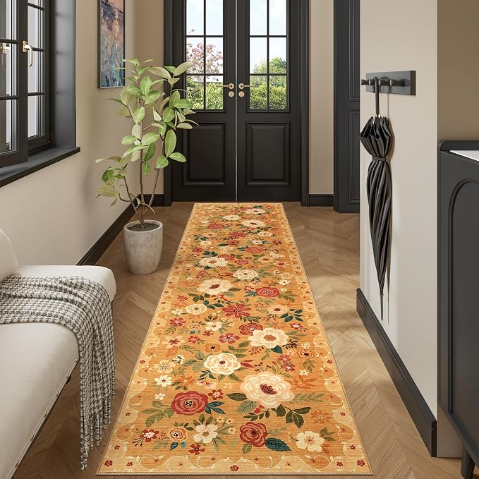 DUKINO 2.6x10 Runner Rug for Hallway, Washable Kitchen Rugs Non Slip Orange | Soft, Low Pile, Floral Indoor Floor Rug Runner for Entryway, Bedroom, Bathroom, Laundry, Pet Friendly, Home Decor, Ultra-Thin