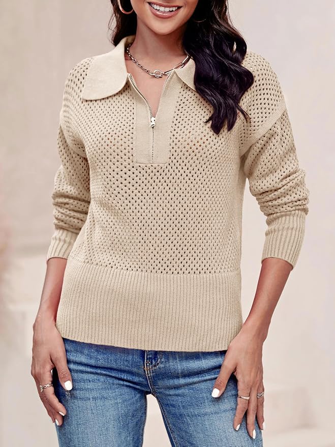 Doshoop Womens Summer Crochet Sweaters Long Sleeve Hollow Out Knit Half Zip Lapel Collar Pullover Tops