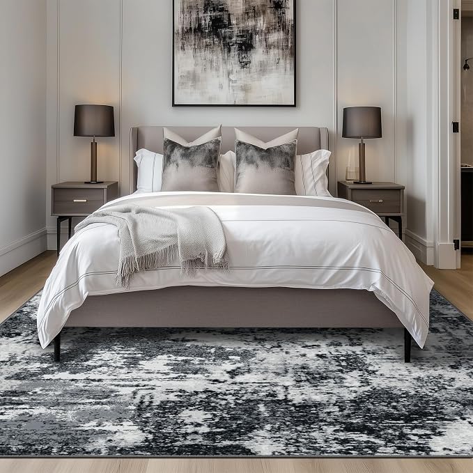 RELEANY Washable 7'x9' Abstract Area Rug for Living Room Black White | carpet for bedroom, kitchen, office, hallway and entryway, printed pattern, non-slip, soft, stain-resistant, easy to clean