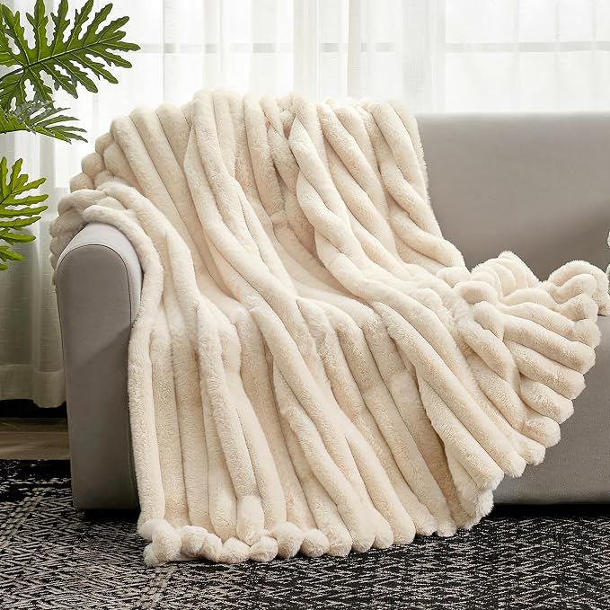Cozy Bliss Faux Fur Throw Blanket for Couch, Cozy Warm Plush Striped Blanket for Sofa Bedroom Living Room, 108 * 90 Inches Beige
