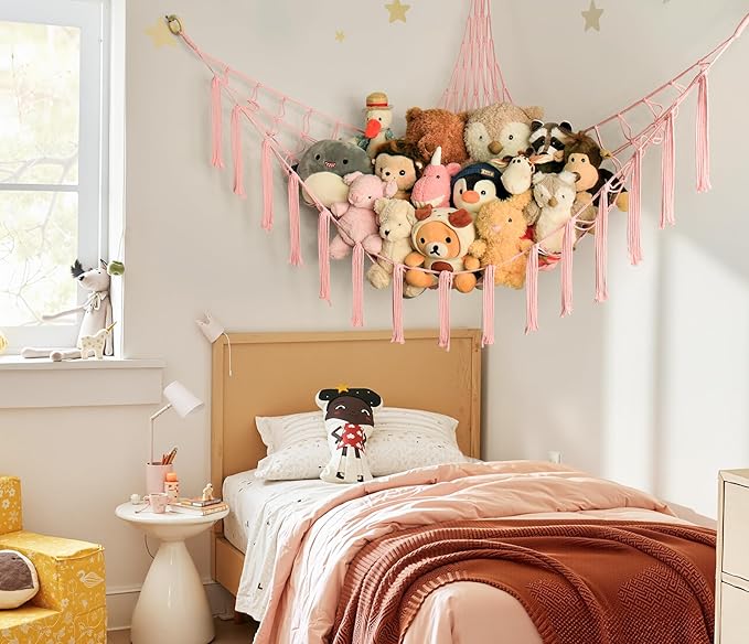 Large Stuffed Animal Storage Hammock Corner Net - Pink Room Decor for Teen Girls - Toys Storage Hanging Stuff Animal Organizer Holder Cute Stuff - Boho Nursery Dorm Bedoom Decor Aesthetic