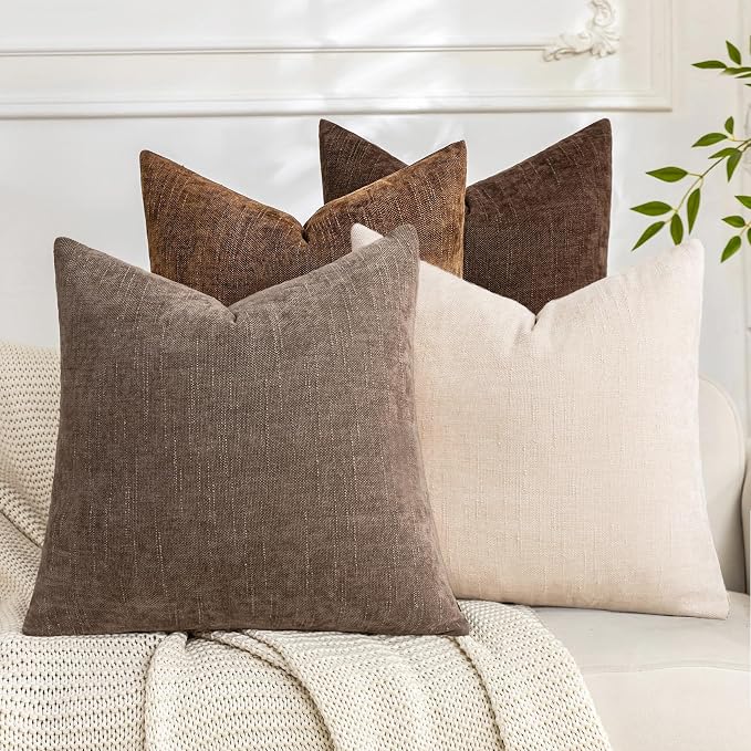 Set of 4 Soft Textured Decorative Throw Pillow Covers 22x22 Inch Cozy Farmhouse Cushion Cover Square Accent Pillow Cases for Bed Couch Sofa Living Room, Beige Taupe Brown