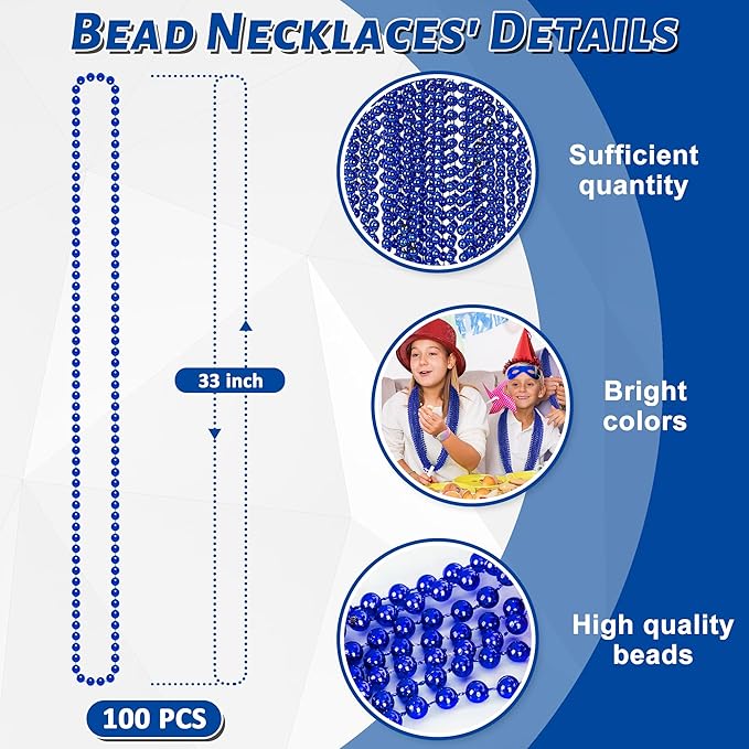 100PCS Mardi Gras Beads Necklace, Blue Bead Necklaces Stuff Bulk, 33" Christmas Necklace Party Supplies, Festival Parade Throw Accessories for Wedding Birthday Pirate Theme Party Baby Shower Decor
