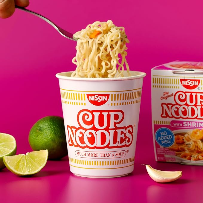 Nissin Cup Noodles Soup, Shrimp Flavor, Microwaveable Paper Cups, Instant Ramen, 2.25 Ounce (Pack of 12) | Instant Ramen Noodle Soup, Microwaveable Paper Cups