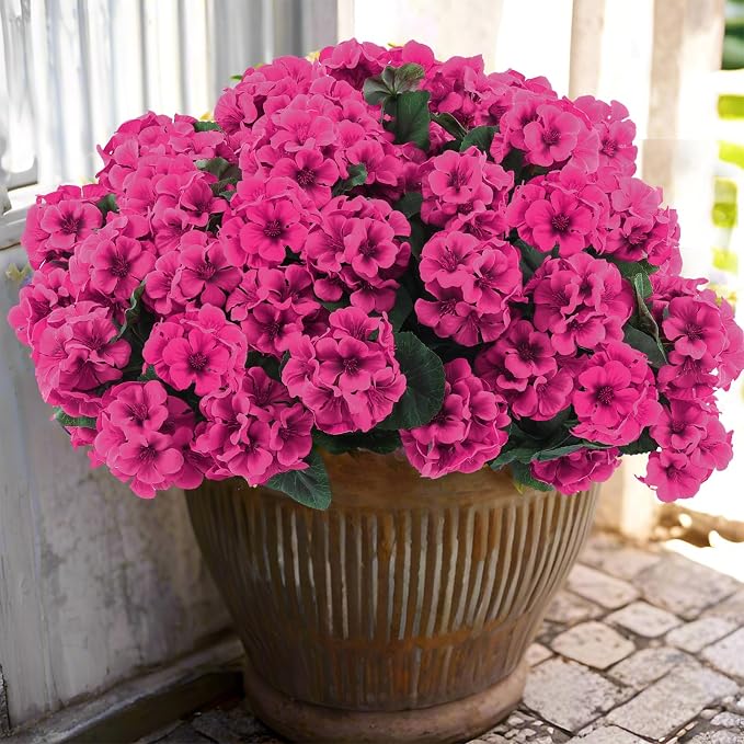Hananona 12 Pcs Artificial Geranium Flowers for Outdoors Geranium Silk Flowers Outdoor UV Resistant Garden Plants Faux Flowers for Home Kitchen Table Centerpieces Decor (12, Rose Red)
