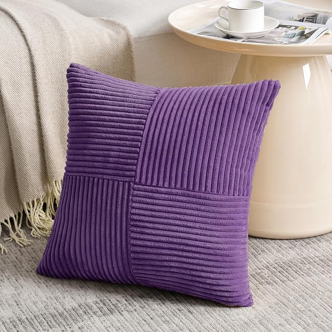 Fancy Homi 2 Packs Purple Decorative Throw Pillow Covers 20x20 Inch for Living Room Couch Bed, Farmhouse Boho Home Decor, Soft Corss Corduroy Patchwork Accent Square Cushion Case 50x50 cm