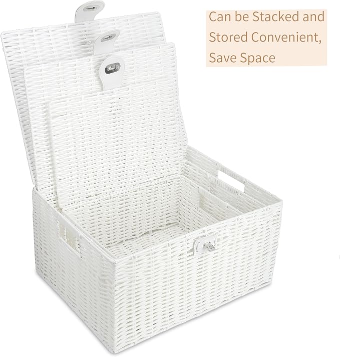 Honygebia White Wicker Storage Baskets - Set of 3 Decorative Nesting Boxes with Lids, Woven Basket with Lock & Handle, Organizer for Beauty Makeup Bathroom Decor