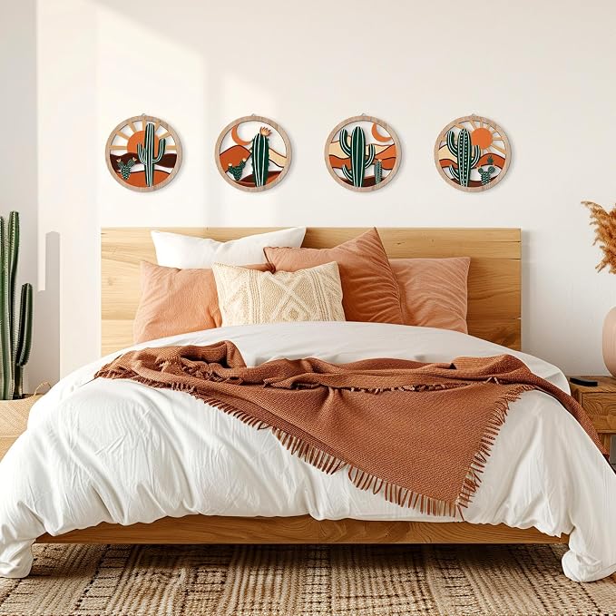 HPNIUB Boho Cactus Wall Decor, Rustic Desert Tropical Botanical Hanging Wood Sign for Living Room, Round Southwest Plant Wooden Plaque, Sun and Moon Wall Art for Apartment Office(10''x10'')