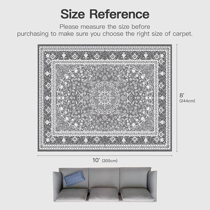 8x10 Area Rugs for Living Room, Washable Non-Slip Rug, Oriental Light Grey | Area Rugs for Bedroom, Low Pile Large Area Rug for Kitchen, Dining Room, Home Office, Vintage Oriental Print Rug