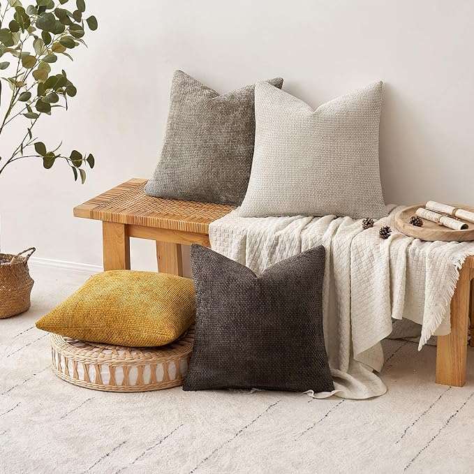 MIULEE Decorative Chenille Fall Pillow Covers Gold Brown 16x16 Pack of 4 | Rustic Home Decor, Earth Tones Set, Couch Throw Pillows, Farmhouse Boho Cushion Covers for Sofa Bed Living Room
