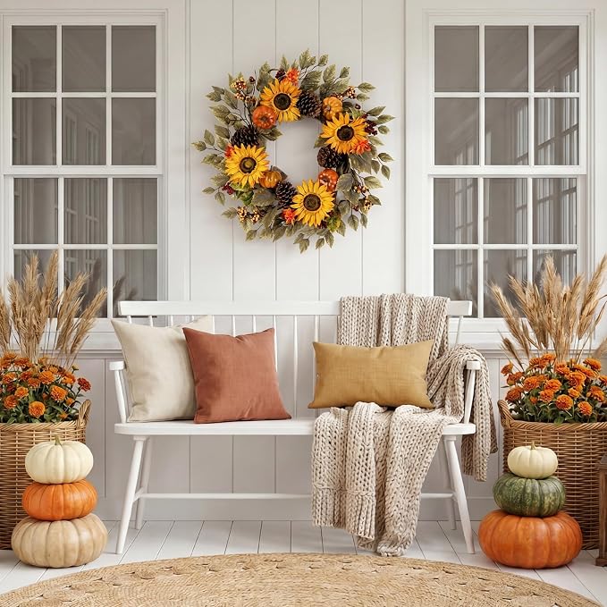 20" Fall Wreath Front Door Pumpkin Sunflower Pine Cones Artificial Wall Decor Farmhouse Autumn Wreath Thanksgiving Home Porch Outdoor Indoor Holiday Harvest Decor