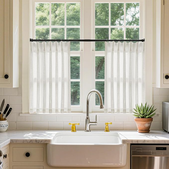 Cream Linen Cafe Curtains 24 Inch Length Pinch Pleated 2 Panels Set Farmhouse Short Kitchen Window Curtains Light Filtering Semi Sheer Pinch Pleat Back Tab Small Window Drapes for Bathroom Camper RV