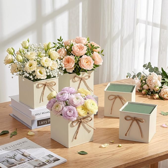 12 Pack Galvanized Square Vases with Floral Foam, 3.5 inch Waterproof Rustic Tin Buckets with Twine Bows, Mini Farmhouse Metal Planter Centerpieces for Wedding Party Table Decor (Beige)