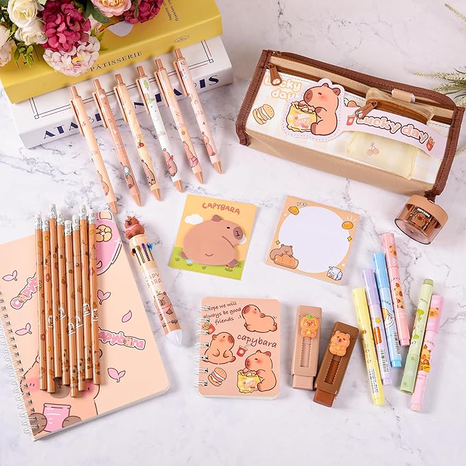 33Pcs Cute Capybara Stationery Set,Capybara Birthday Gifts for Boys Girls School Supplies,Capybara Set with Compartments Gel Pens, Pencils, Erasers, Pencil Sharpener etc, Classroom Rewards.