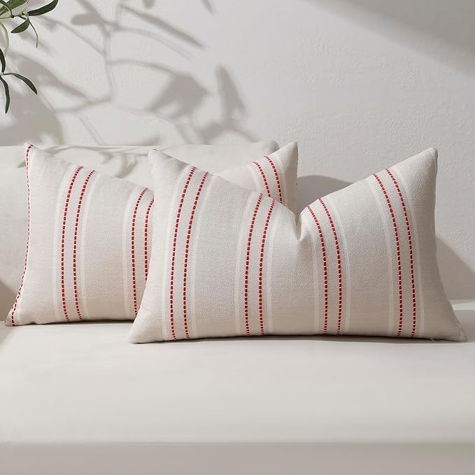 Hckot Christmas Throw Pillow Covers 12x20 Red Lumbar Pillow Covers | Striped Xmas Decorations Pillows Farmhouse Cushion Covers Winter Holiday Decor for Sofa Living Room (Red)