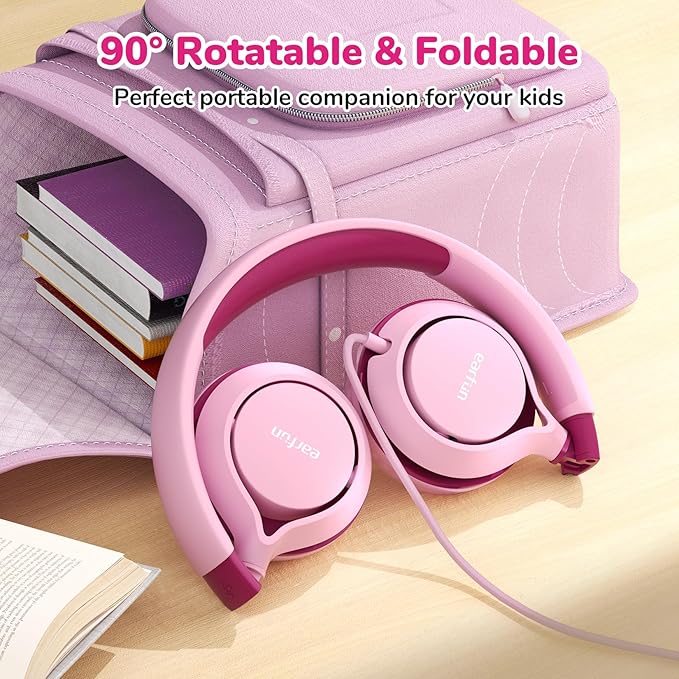 EarFun S1 Kids Headphones, Foldable Wired Headphones for Kids, 85dB Volume Limit, Stereo Sound, Adjustable Headband, Portable Lightweight On-Ear Headphone for School/Travel/Boys/Girls/PC, Pink