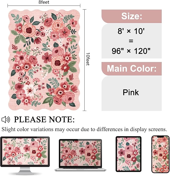 DUKINO 8x10 Area Rug for Living Room, Floral Washable Rug Non Slip, Pink | Soft, Low Pile, Stain Resistant Throw Large Rug for Bedroom, Dining Room, Nursery, Kids Playroom, Pet Friendly, Home Decor