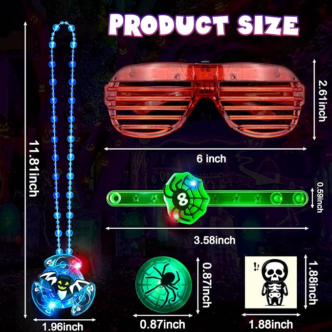88 Pcs Halloween Party Favors, Halloween Toys Gifts for Kids, LED Rotating Necklaces Light Up Glasses Bracelets Led Rings Glow In The Dark Temporary Tattoos for Halloween Party Decorations Supplies