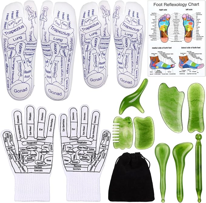Threlaco 16 Pcs Reflexology Socks and Gloves with Tools Foot Reflexology Socks with Acupressure Gloves & 8 Pcs Massage Point Tools Foot Relief Acupressure Massager Set for Women and Men(Green)