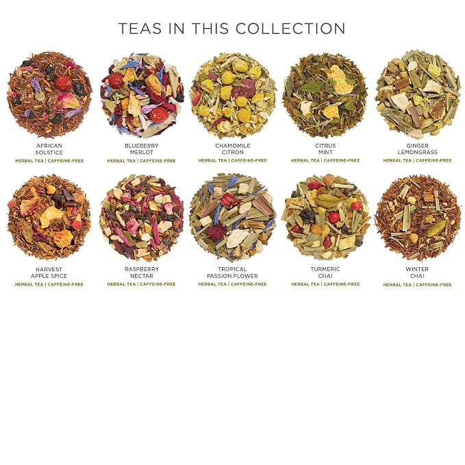 Tea Forte Premium Petite Presentation Box Gift Set Sampler, 10 Count, 2 of Each Blend Individually Wrapped Handcrafted Pyramid Infuser Bags, Herbal Variety
