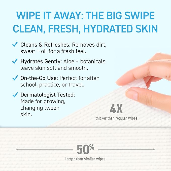 TBH Kids XL Wipes for Kids and Teens –Extra Large Wipes, Alcohol Free Disposable Washcloths, Unscented Cleansing Cloths for Teen Girls & Boys – 3 pk (60ct total)