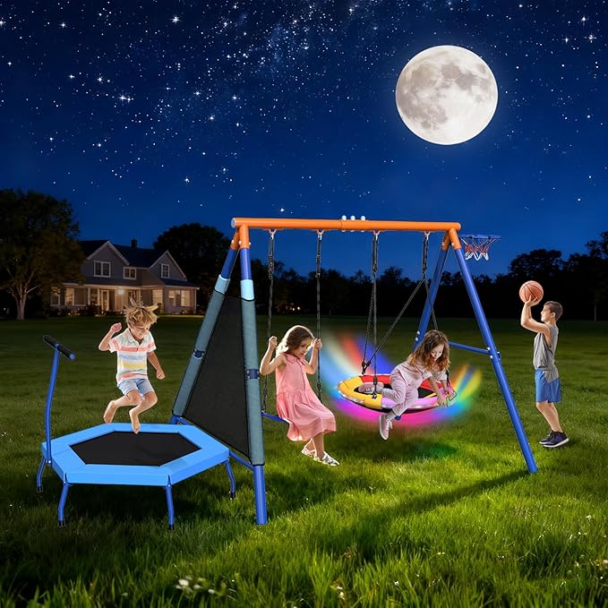 4-in-1 Heavy Duty Metal A-Frame Swing Set for Kids Backyard - 32" Saucer Swing, 55" Trampoline & Adjustable Basketball Hoop, Outdoor Playset Ages 3-12, 440lbs Capacity