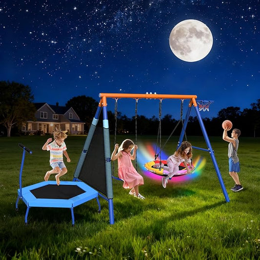 4-in-1 Heavy Duty Metal A-Frame Swing Set for Kids Backyard - 32" Saucer Swing, 55" Trampoline & Adjustable Basketball Hoop, Outdoor Playset Ages 3-12, 440lbs Capacity