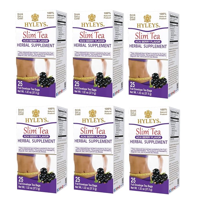 Hyleys Slim Tea Acai Berry Flavor - Weight Loss Herbal Supplement Cleanse and Detox - 25 Tea Bags (6 Pack)