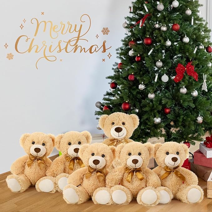 MorisMos Teddy Bear Bulk Packs - 6 Small Stuffed Animals for Baby Shower, Wedding Party - Light Brown