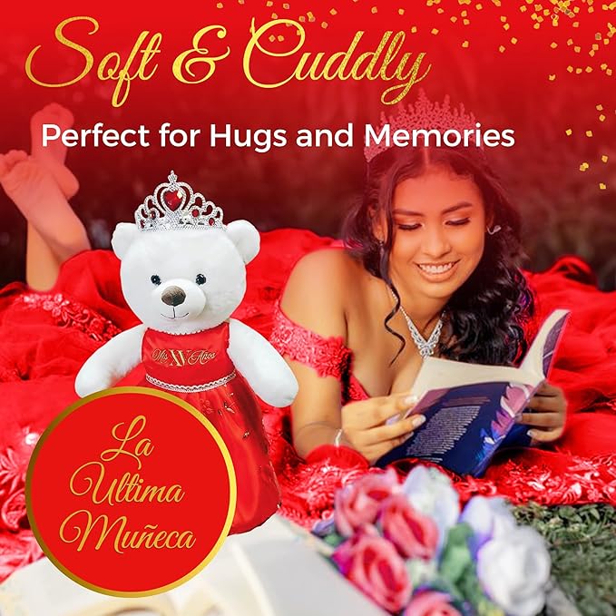 Quinceañera Teddy Bear 18-inches Tall with Dress for 15th Birthday, Quince Bear with Matching Crown, Ideal Keepsake for 15th Birthday, Mis XV Años - Red