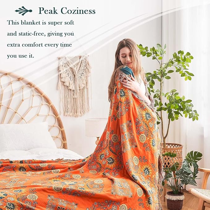 XIBLC Boho Throw Blanket, 100% Cotton Ultra Soft Luxury Throw Rustic Quilt, 80"x90" Floral Printed Farmhouse Decor Bed Summer Blankets, All Season Rustic Reversible Bohemian Throw for Bed - Orange