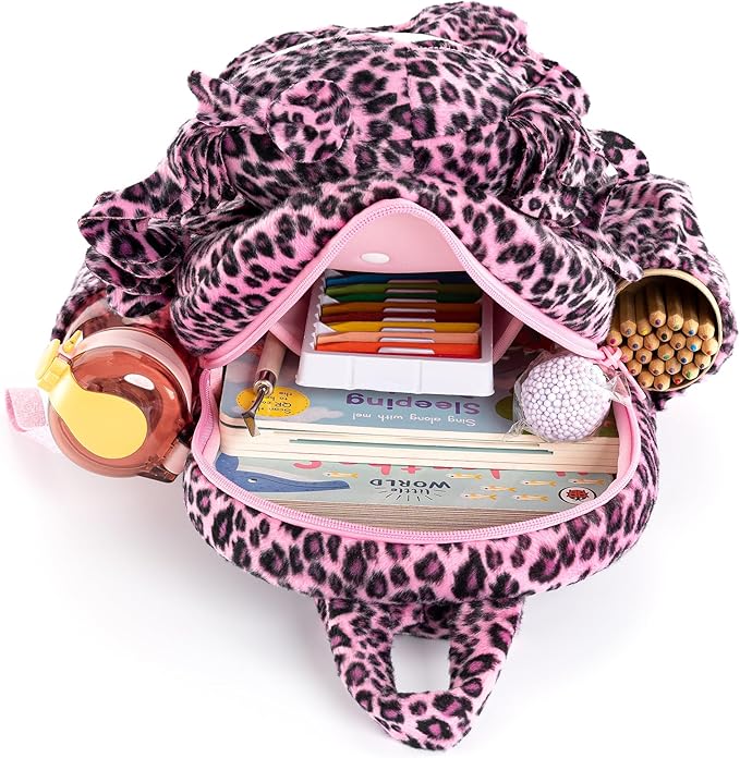 Gloveleya Girls Backpack Baby Gifts - Curly Hair Plush Removable Doll, Birthday Gift for Baby Girl Age 1-3, Preschool Daycare Essentials Carrier, Cute Pink Leopard Print 9"