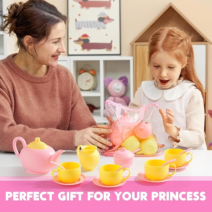 JOYIN 18PCS Pretend Role Play Tea Party Set, Pink Plastic Tea Set, Mini Kitchen for Kids, Gifts for Toddler Boys Girls, Gift for Christmas