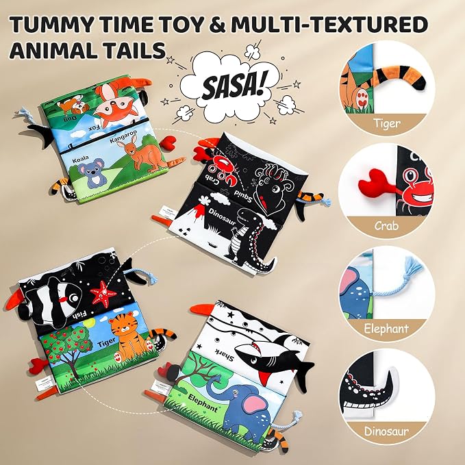 3PCS High Contrast Black & White Baby Toys - Tummy Time Mirror Infant Toys with Crinkle Cloth and Teether, Visual Stimulation Sensory Books for Newborns 0 3 6 12 Months, Shower Gift, Stocking Stuffers